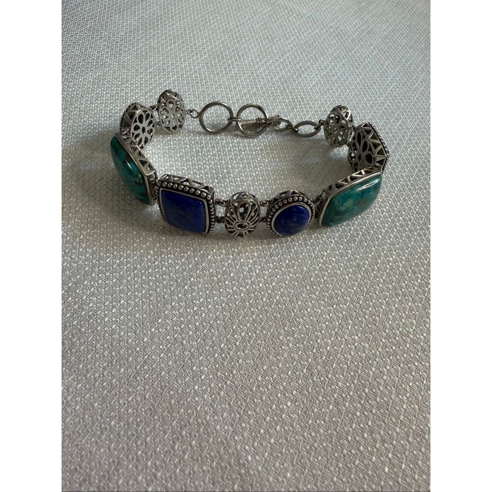 ATI Sterling Silver 925 Lapis Lazuli Turquoise Cabochon Panel Toggle Bracelet